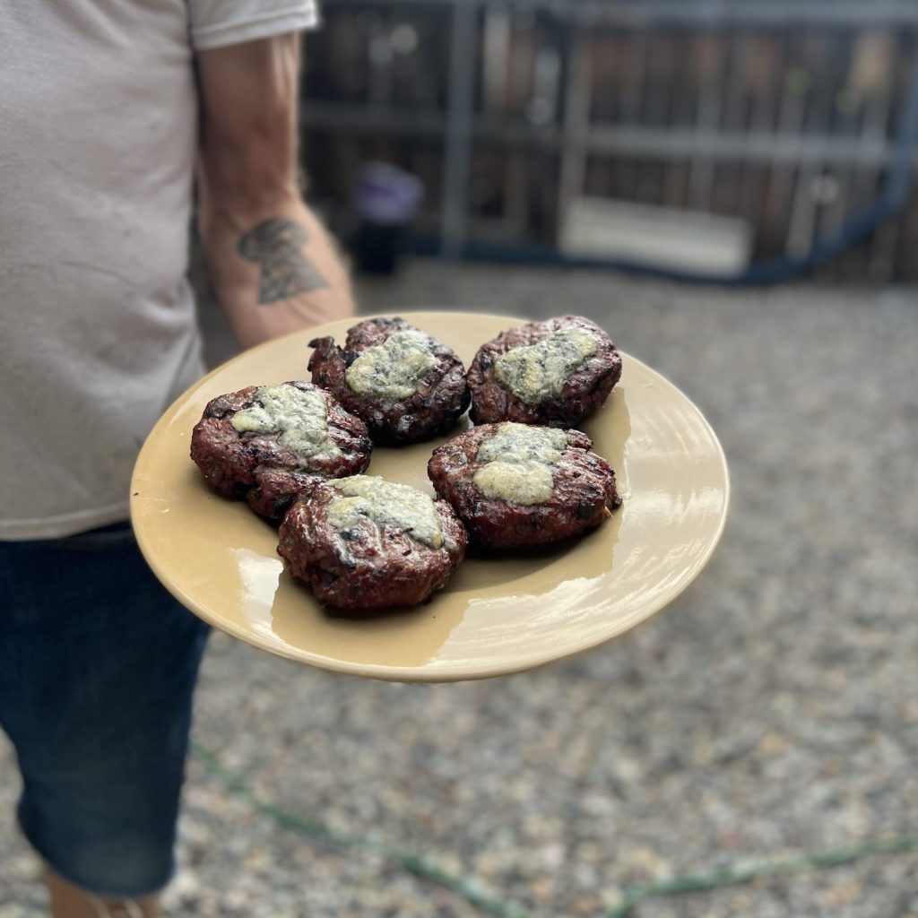 Burgers made with ground burger and hawk's wing mushroom.