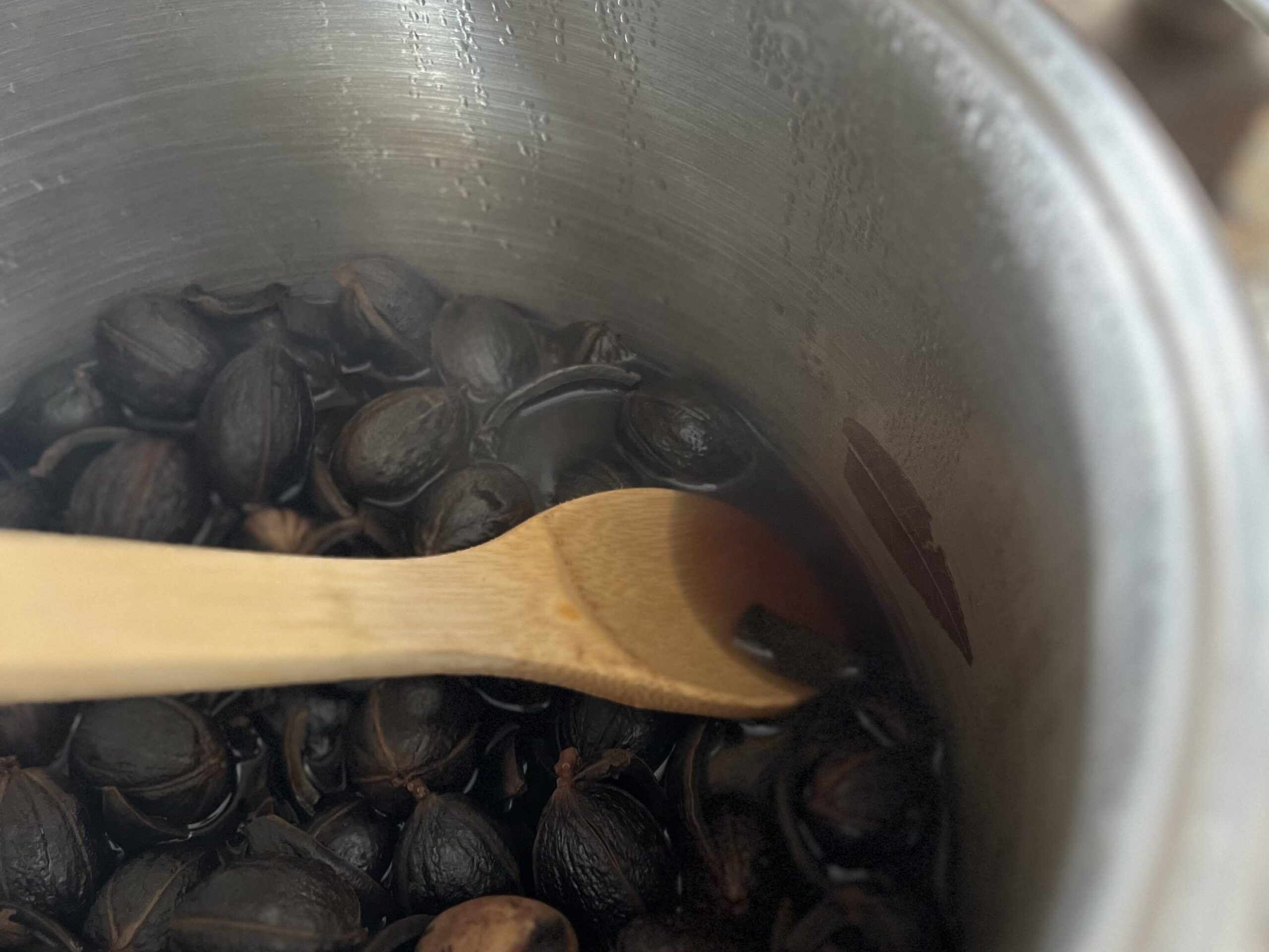 A dye pot filled with pecan hull dye.