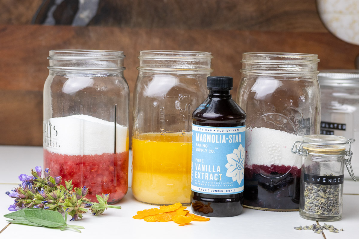 three different fruit shrubs with different herb combinations.