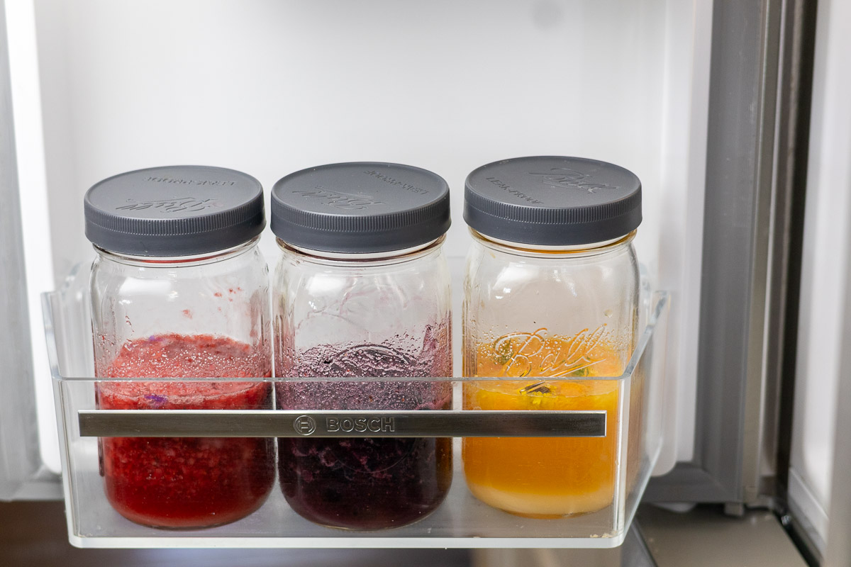 three different shrubs macerating in refrigerator.