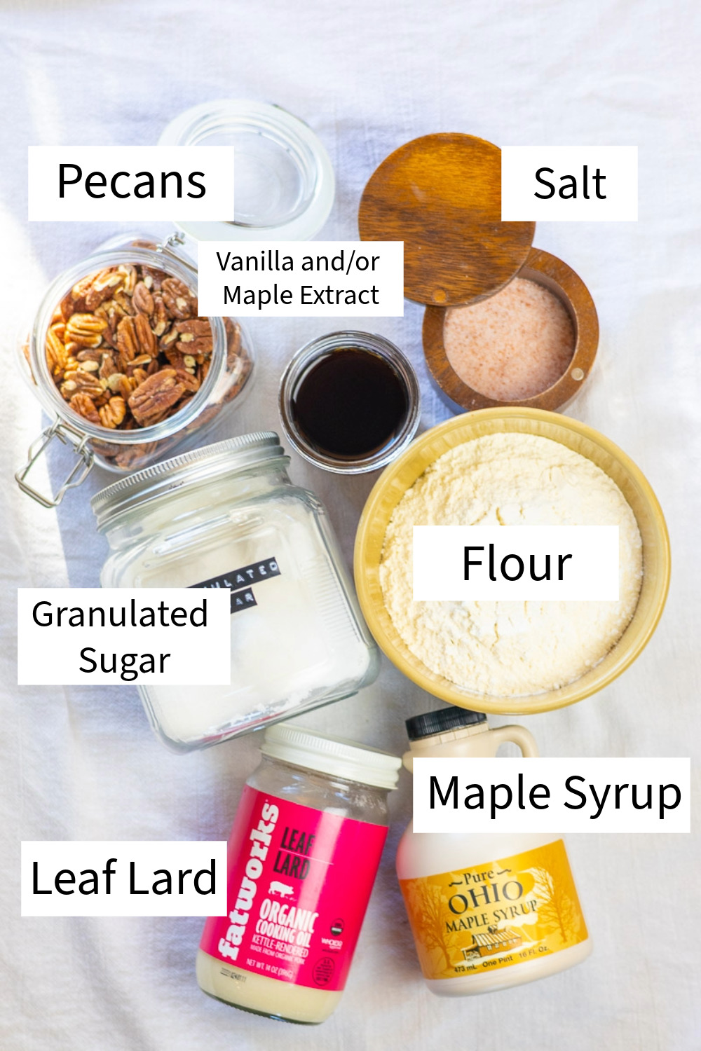 Ingredients for Maple Pecan Lard Sandies laid out and labeled.