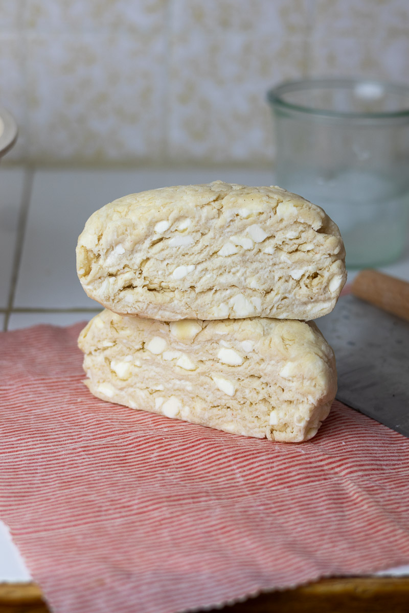 Lard and butter pie crust dough cut in half.