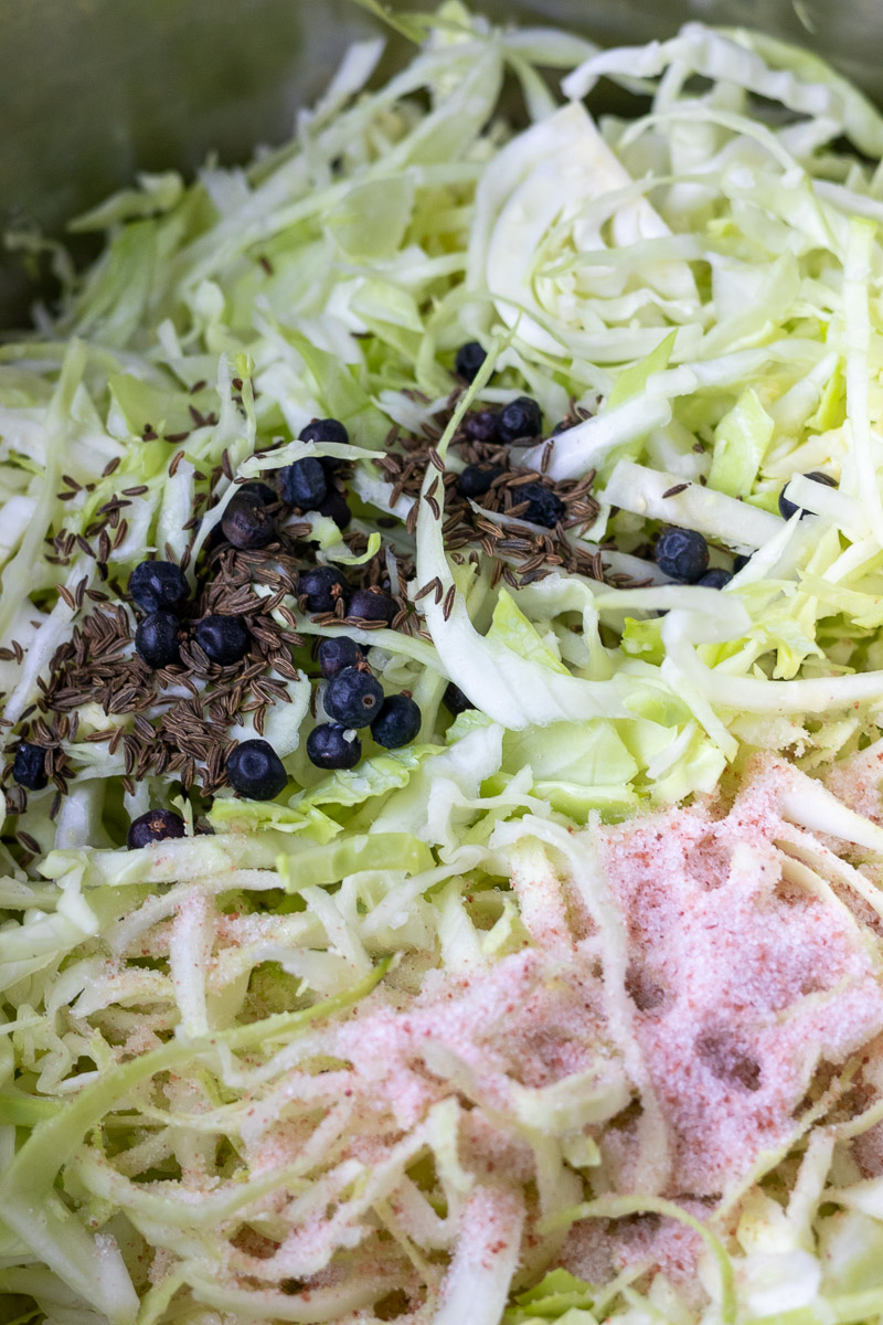 juniper berries, caraway, and salt on shredded cabbage.