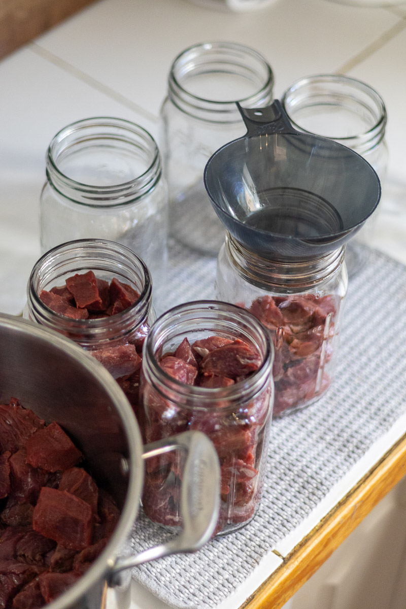Mason jars on a table being filled for canning venison raw pack style.