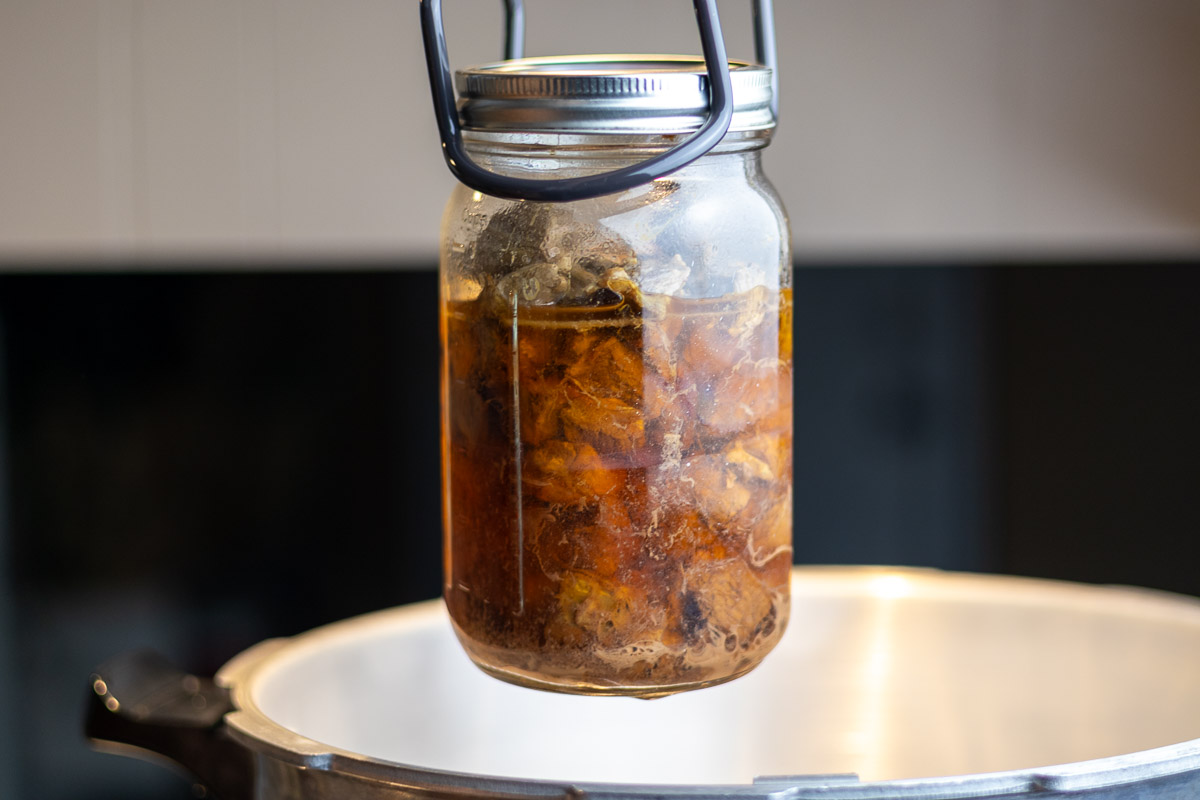 A jar lifter holding canned venison near a pressure canner.