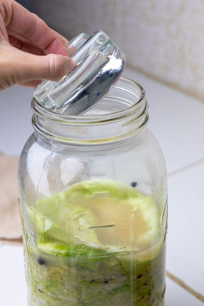 A hand placing a fermentation weight over a mason jar with sauerkraut.