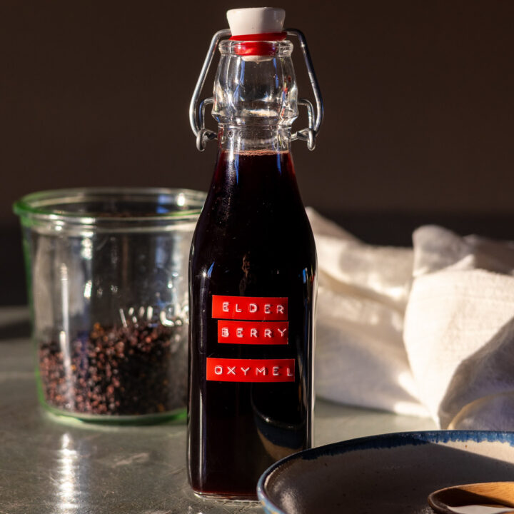 A swing top bottle filled with elderberry oxymel with dry elderberries in foreground and a plate with the oxymel liquid in the front.