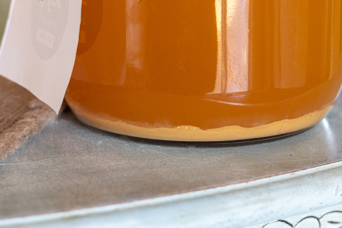 A gallon fermenter showing the lees that settled on the bottom of traditional mead.