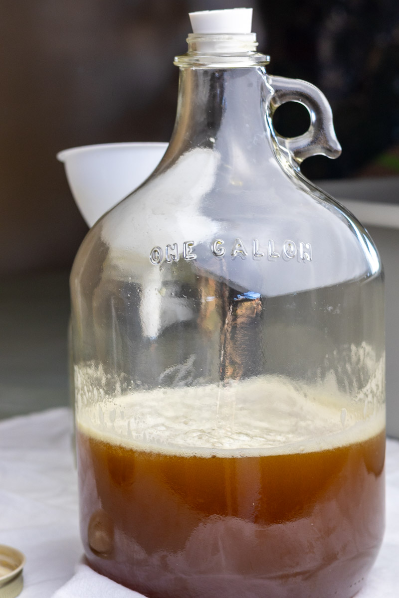 A 1 gallon carboy with honey and water aerated.