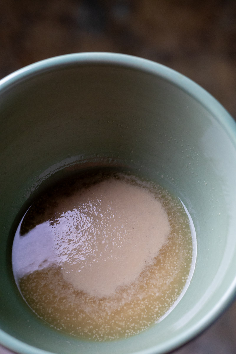 A bowl with blooming yeast for mead making.