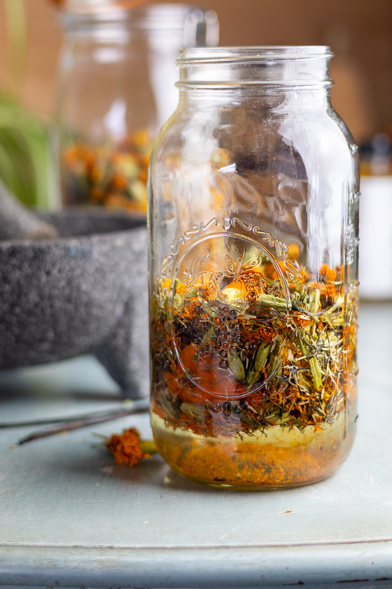 A mason jar full of ingredients to make homemade marigold liqueur.